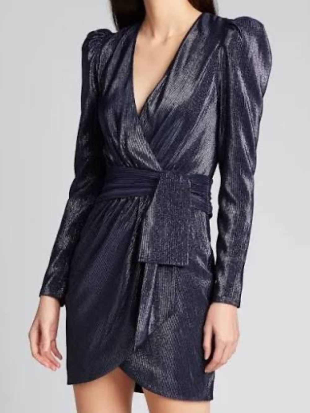 Jonathan SIMKHAI Spencer Metallic Midnight Blue Faux Wrap Puff Mini Dress Size 4